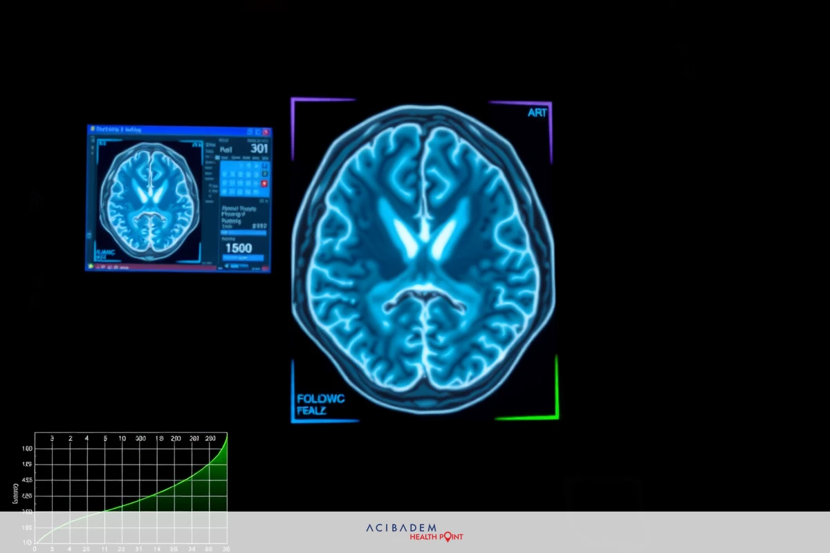 The image displays a detailed medical scan of the brain set against a black background. The scan, rendered in a striking shade of blue, is positioned in the center of the image. It's surrounded by a grid with numbers and arrows that point to different parts of the brain. To the left of the scan, there are two smaller images: one shows a map of the brain while the other displays a list of numbers. The overall image gives a comprehensive view of the brain's structure and function.
