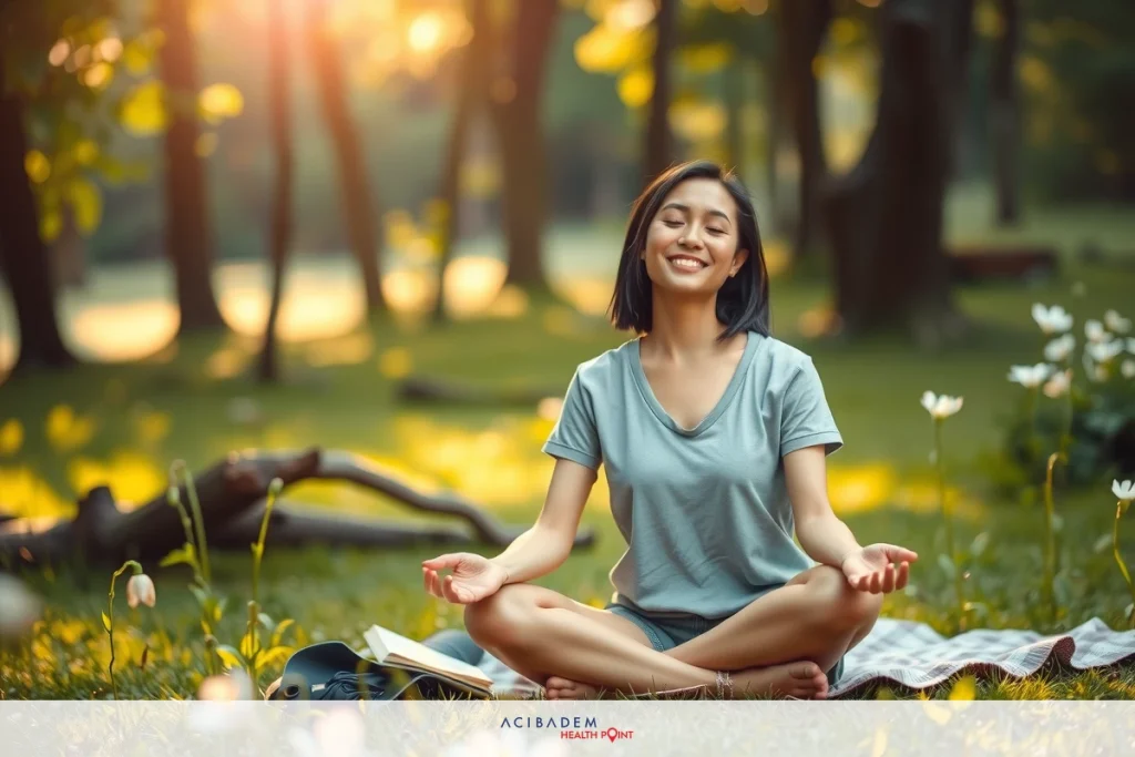 A woman is sitting cross-legged on a grassy field, practicing meditation. She appears to be smiling with her hands outstretched and her eyes closed. The environment around her includes trees under a warm sunset sky.