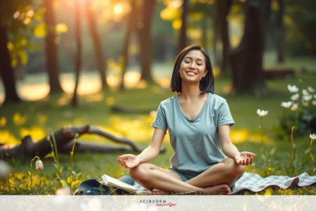 A woman is sitting cross-legged on a grassy field, practicing meditation. She appears to be smiling with her hands outstretched and her eyes closed. The environment around her includes trees under a warm sunset sky.