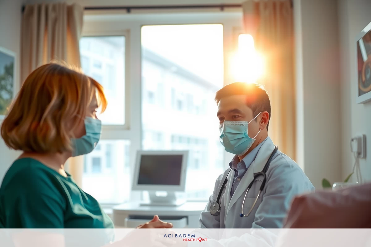 Medical professional, wearing a surgical mask and medical gown, interacting with a patient in an office setting. The environment suggests a healthcare facility. Medical professional, wearing a surgical mask and medical gown, interacting with a patient in an office setting. The environment suggests a healthcare facility.