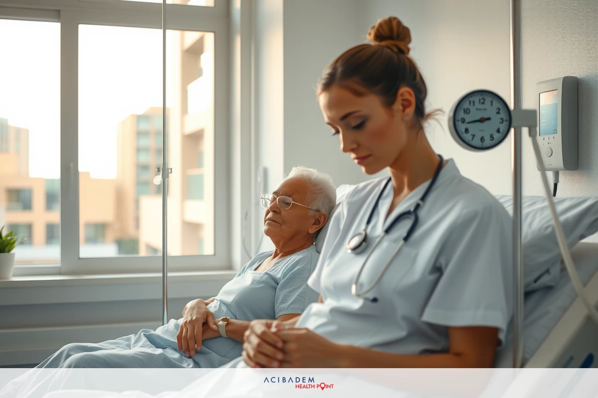 The image shows a healthcare professional, presumably a nurse or doctor, seated at the bedside of an elderly patient. Both individuals are indoors, likely in a hospital room. The focus is on their interaction with one another, suggesting care and attention to medical needs. The colors are soft and muted, highlighting the clinical environment. The context appears to be compassionate healthcare service. The image shows a healthcare professional, presumably a nurse or doctor, seated at the bedside of an elderly patient. Both individuals are indoors, likely in a hospital room. The focus is on their interaction with one another, suggesting care and attention to medical needs. The colors are soft and muted, highlighting the clinical environment. The context appears to be compassionate healthcare service.