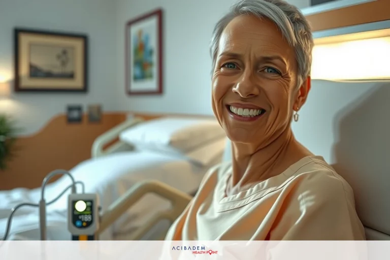 A middle-aged woman in hospital bed smiling at the camera. She is sitting up with a monitor near her and a lamp illuminating the room. A middle-aged woman in hospital bed smiling at the camera. She is sitting up with a monitor near her and a lamp illuminating the room.