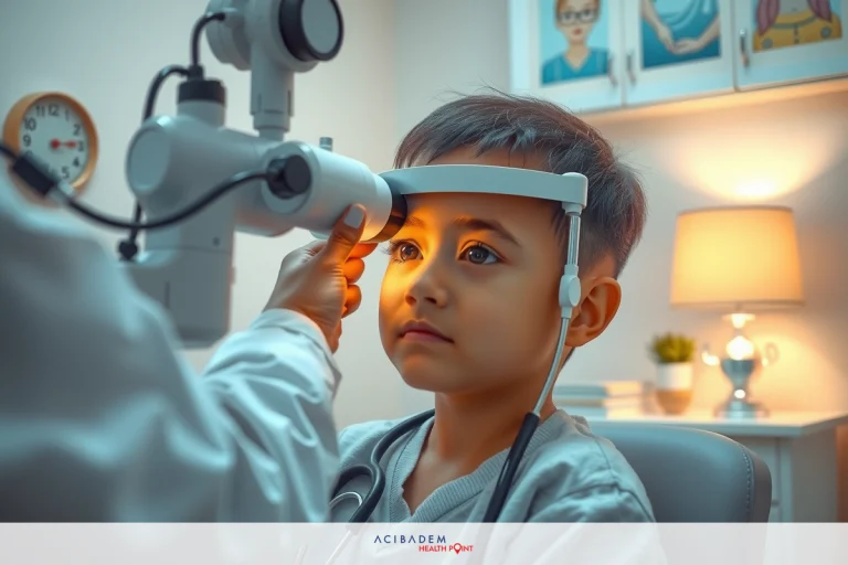 The image depicts a young child sitting in an optometrist's chair, having their eyes examined by the professional. The child appears to be focused on a bright light that is part of the eye examination equipment. A clock is visible on the wall indicating the passage of time during this appointment. The environment suggests a clinical setting typical for medical care.