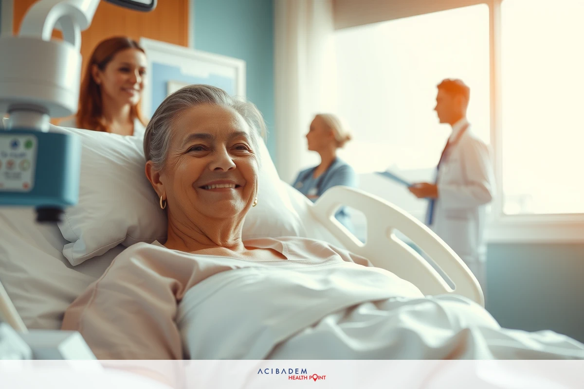 The image shows an elderly woman in a hospital bed, smiling at the camera. There are medical professionals present behind the patient, indicating that she may be receiving care or possibly being checked on by doctors and nurses.