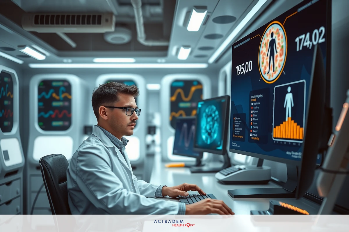 A man is working on a computer in an advanced, high-tech environment. The room has multiple screens displaying various data and graphs, suggesting a role related to analysis or monitoring.