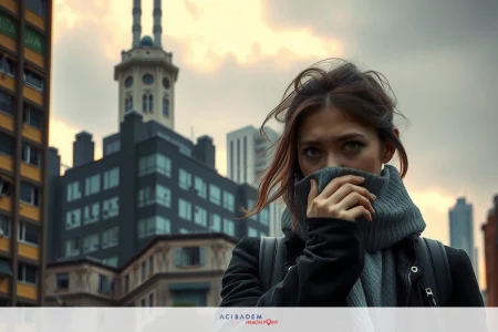 What is the connection between air pollution and lung cancer? A woman stands in a cityscape with tall buildings. She wears a dark coat, her hair is windblown, and she has her hand to her mouth.