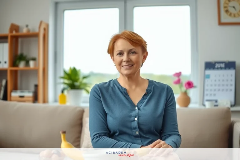 A woman is sitting on a sofa in a modern living room, smiling at the camera. There is a plate of fruit on the coffee table in front of her. There is a calendar on the table in the background, and a shelf or bookcase on the left. A flower pot and a plant are visible in front of the window.