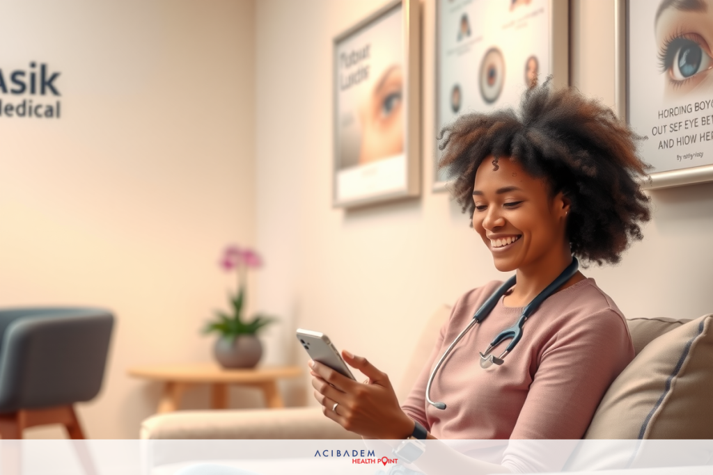 The image features a woman in a medical setting. She is sitting on a couch. The room has medical posters and equipment visible, suggesting she might be a healthcare professional. The overall atmosphere is one of casual professionalism.