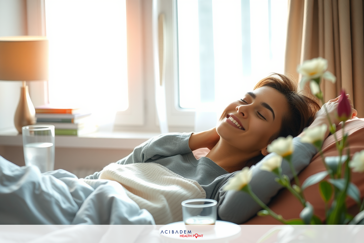 A woman in a cozy bedroom environment, lying in bed with a smile on her face. She is covered by a comforter and the setting has soft lighting and an inviting atmosphere.