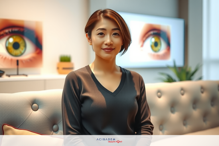 Can Laser Eye Surgery Correct Long Sighted A woman in a professional setting, with an eye motif on the wall behind her. She is wearing a black top and appears to be seated, possibly for a business meeting or interview.