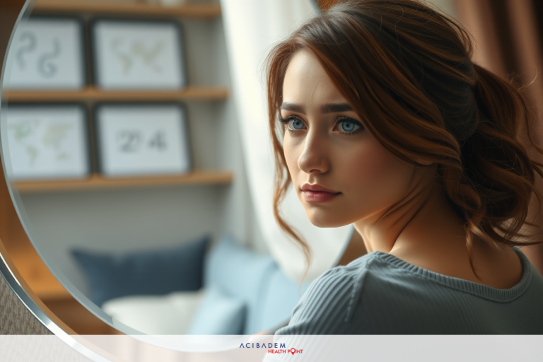 The image features a young woman with long hair, reflecting in a circular mirror. She is seated and appears to be gazing at her reflection. The setting seems to be an indoor room with neutral tones. The woman is wearing casual attire.