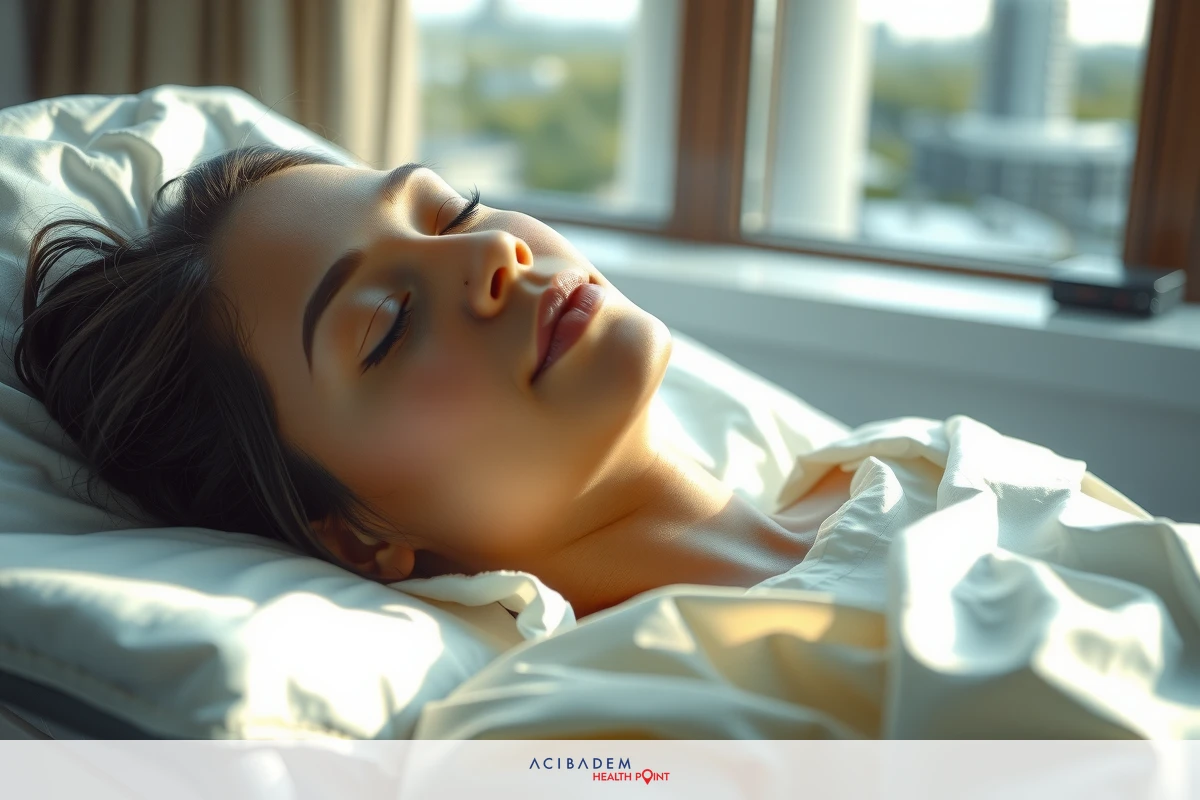 The image depicts a woman peacefully sleeping in bed, with the sunlight gently illuminating her face. She is lying down on a white pillow and blanket.