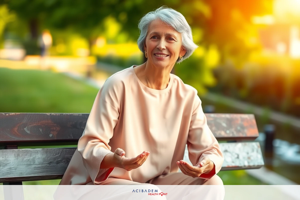 An elderly woman sits on a park bench, enjoying the sun and flowers. Her as she smiles and looks towards something off-frame. The bench is wooden with metal support, offering a view of the well-kept garden. The atmosphere is peaceful and leisurely, suggesting a pleasant day spent outdoors.