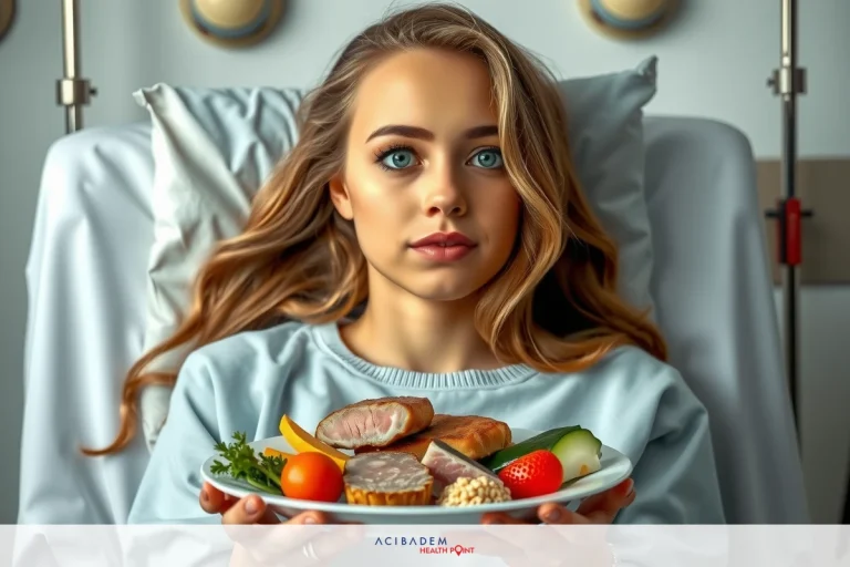 Can You Have Rice After Gastric Sleeve? The image portrays a woman in a hospital setting, holding up a plate of food. She appears to be showcasing the meal in front of her face, which suggests she might be examining or discussing the contents of the plate. The environment is sterile and clinical, with medical equipment visible around her, indicating that she may be a patient recovering from an illness or procedure.