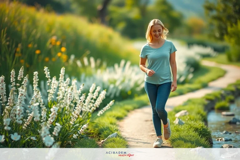 Can You Put Weight On After A Gastric Sleeve? Woman jogging on a trail surrounded by wildflowers, wearing athletic clothing and shoes, with a bright and sunny atmosphere.