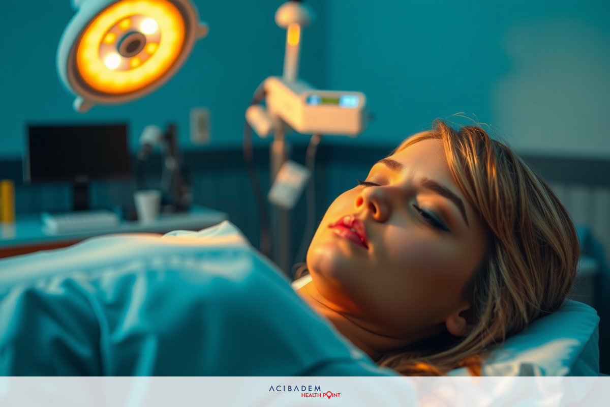 The image depicts a woman lying on a hospital bed, appearing relaxed or possibly undergoing a medical examination. There are medical instruments and equipment visible in the background, suggesting a clinical setting.
