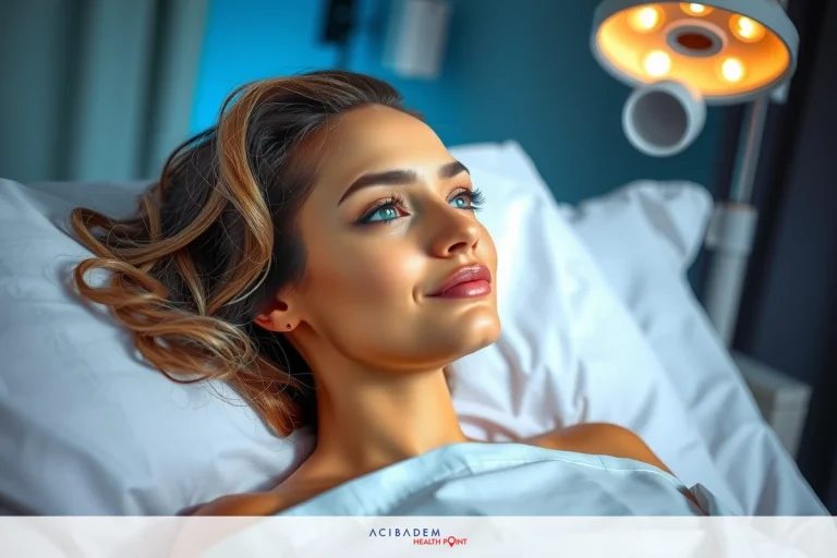 A woman lies in bed, looking upward with a serene expression. She is wearing light makeup and has long hair. The environment is dimly lit, creating an intimate atmosphere. Her position on the bed suggests comfort and relaxation.
