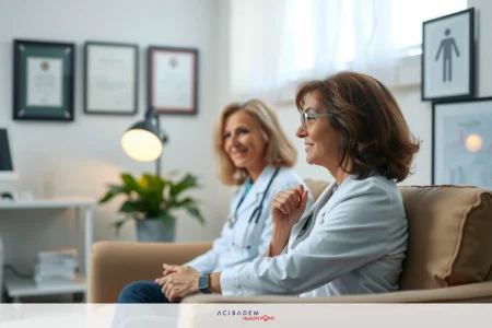 Can I Get Plastic Surgery On My Double Chin? Two medical doctors sitting in a waiting area, smiling and engaging in conversation. They are dressed in professional attire with white coats. The environment includes office decor such as framed certificates on the wall. A comfortable seating arrangement of couches is visible, suggesting a friendly and welcoming atmosphere.