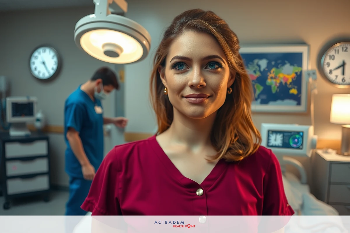 The image depicts a medical setting with two individuals. A woman is seated on a hospital bed, smiling towards the camera, wearing a red top. She has blonde hair and appears to be in a positive mood. Behind her, a man in a surgical gown stands by the head of the bed, looking towards the viewer with a neutral expression.
