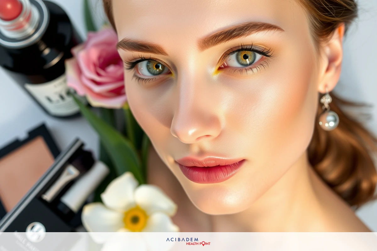 Close-up of a woman's face, showcasing her makeup. She has vibrant blue eyes and is wearing light makeup. Her hair is styled in an updo. Surrounded by beauty products on a white background.