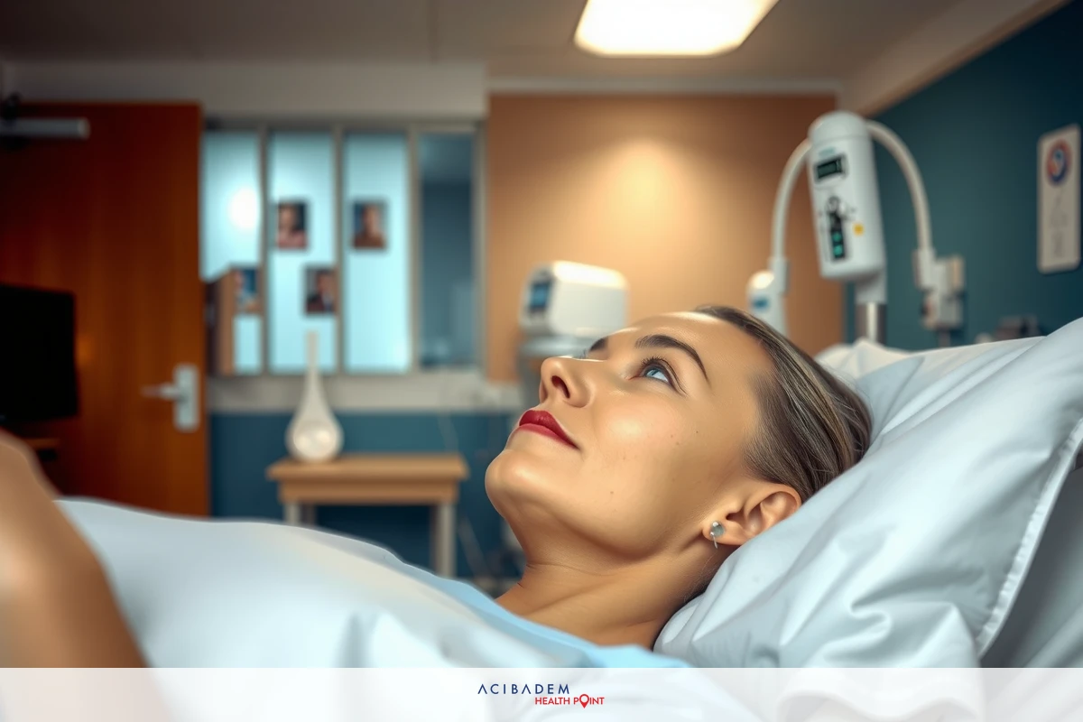 The image portrays a woman lying in a hospital bed. She appears to be resting or looking towards someone out of the frame, possibly receiving care or having a conversation with medical staff. The room has various pieces of medical equipment and furniture typical for a hospital setting.