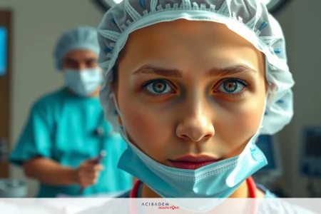 The image shows a hospital setting with medical professionals. In the foreground, there is a young woman wearing surgical attire including a mask, gloves, and protective eyewear.
