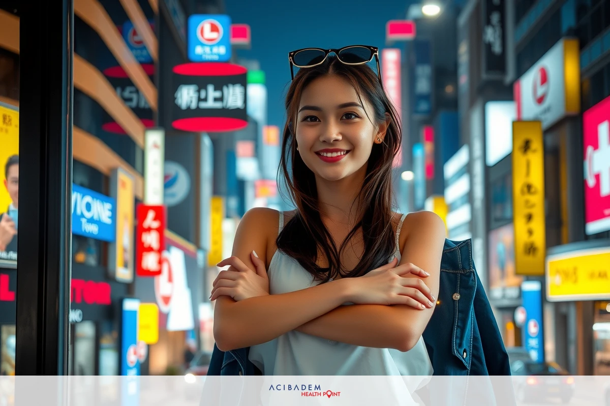 A young woman standing in a busy city intersection, looking directly at the camera with a smile. She is wearing sunglasses and has her arms crossed over her chest.