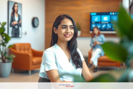 Can Plastic Surgery Fix An Ugly Face? This is a professional setting, likely an office environment. In the foreground, there's a person seated at what appears to be a reception desk or meeting room table. The individual is wearing a light-colored top and has dark hair.