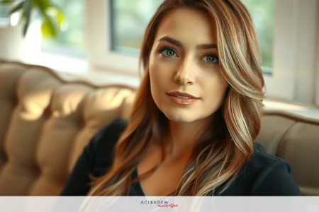Can Plastic Surgery Make Mouth Larger Woman sitting on a couch. She is facing the camera and appears to be engaged in an interview or conversation.