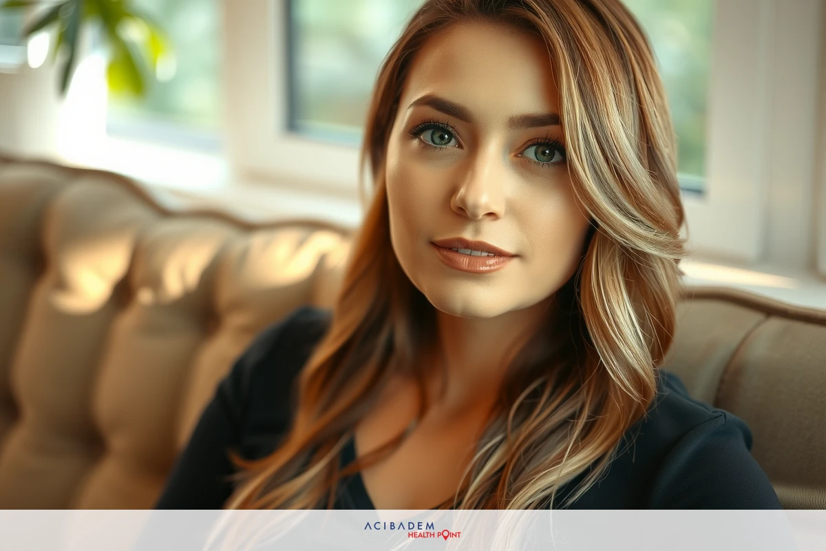Woman sitting on a couch. She is facing the camera and appears to be engaged in an interview or conversation.