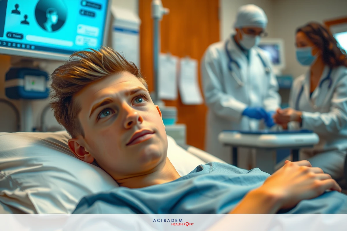 The image shows a young male in a hospital bed, possibly undergoing a medical procedure. There are medical professionals attending to his needs, dressed in standard hospital scrubs and surgical masks. The environment suggests a clinical setting with professional equipment such as monitors and medical charts visible in the background.