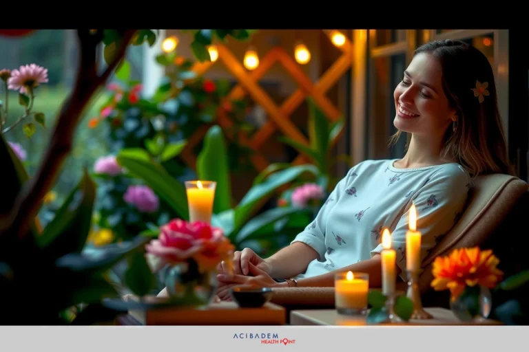 Smiling young woman sitting on a patio chair in an outdoor garden setting with lit candles, flowers and greenery around her. She is wearing a white top, possibly enjoying a relaxing evening.