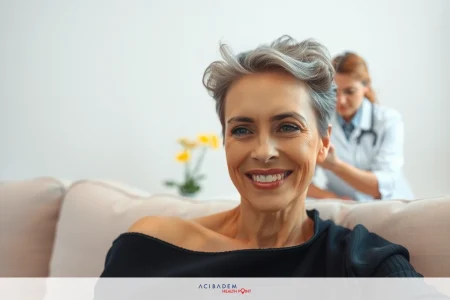 The image portrays an indoor scene featuring two women. One woman is seated on a sofa, displaying a joyful expression with her mouth open and eyes closed. The second woman stands nearby, looking towards the seated woman with a focused gaze.