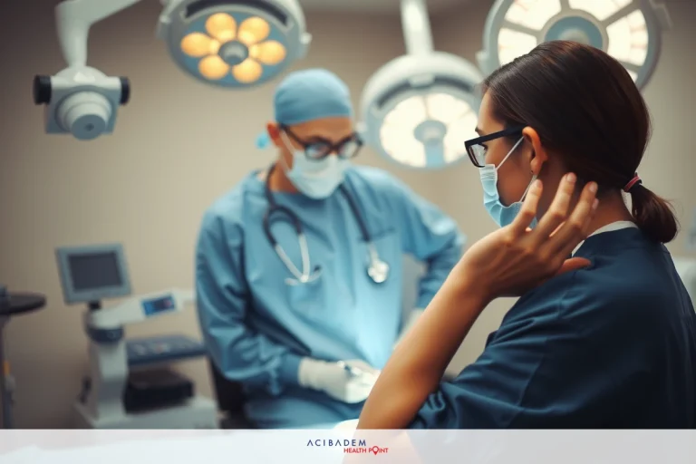 The image depicts a medical surgical room where two surgeons are operating on a patient. The surgeons wear typical surgical attire with gloves and face masks, indicating an environment of sterile care.