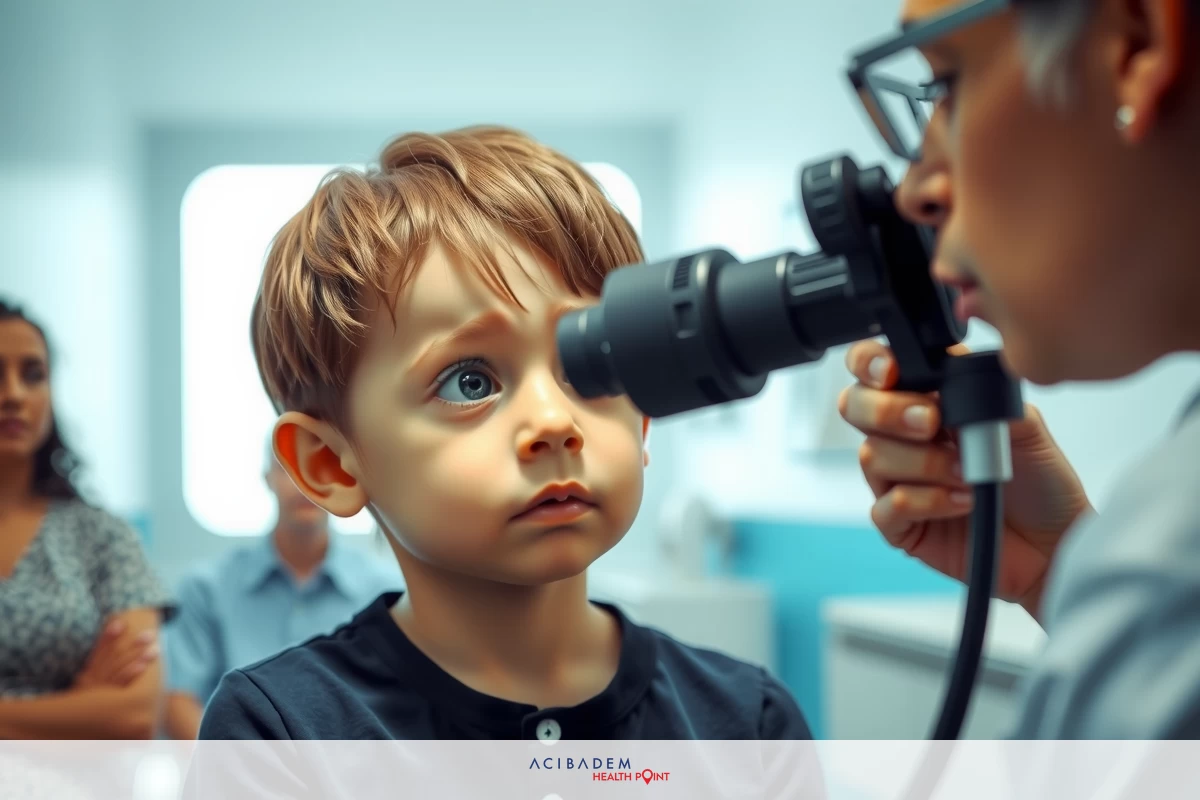 This image depicts a healthcare setting, specifically an eye examination. There is a child being examined by an adult who appears to be a healthcare professional. The child is seated and wearing an open-fronted shirt with a light blue top. Both the child's eyes are dilated for the examination. The background shows a clinical environment with medical equipment and lighting typical of an eye care facility. This image depicts a healthcare setting, specifically an eye examination. There is a child being examined by an adult who appears to be a healthcare professional. The child is seated and wearing an open-fronted shirt with a light blue top. Both the child's eyes are dilated for the examination. The background shows a clinical environment with medical equipment and lighting typical of an eye care facility.