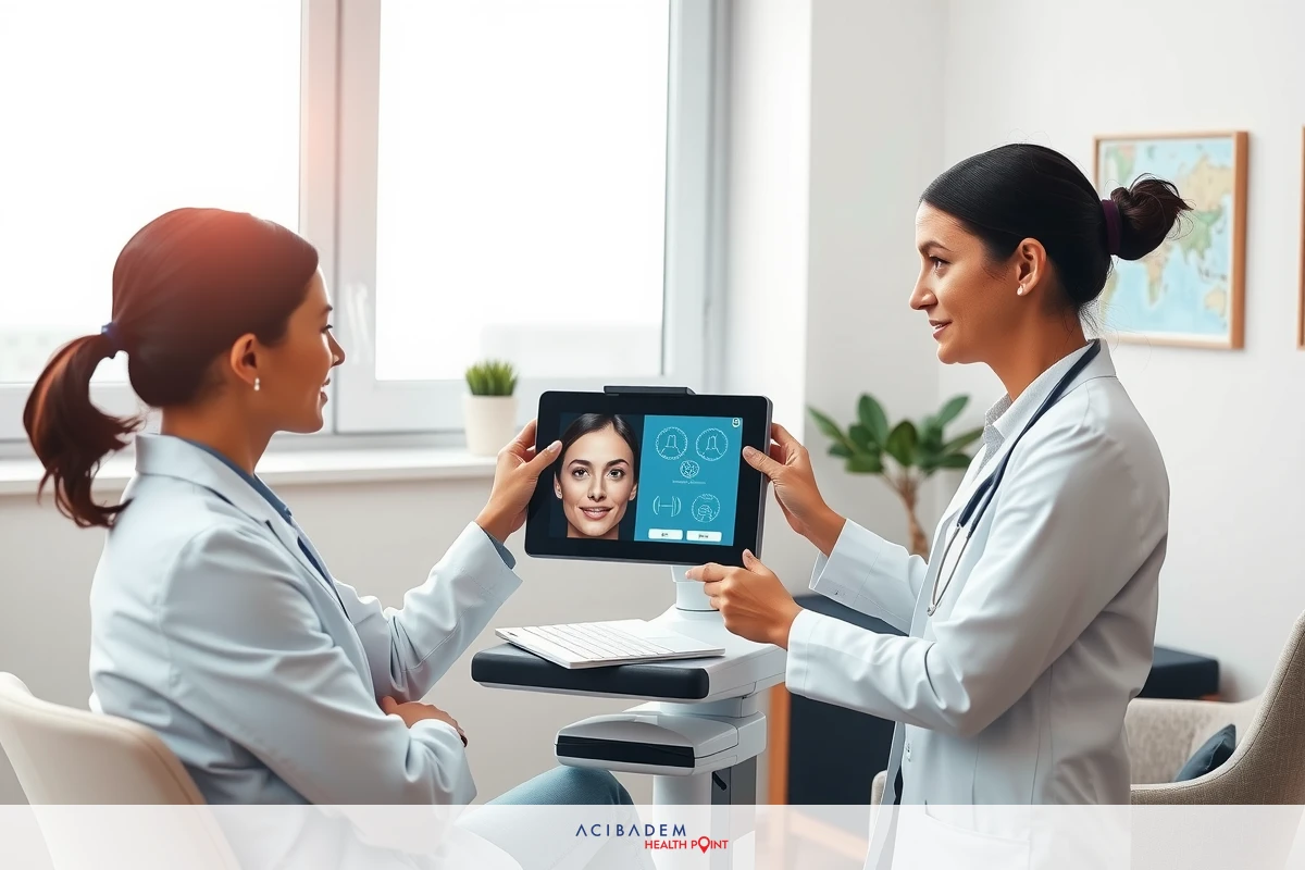 Two doctors in a modern office, one showing the other a facial recognition technology on a tablet, suggesting improved patient care and identification.