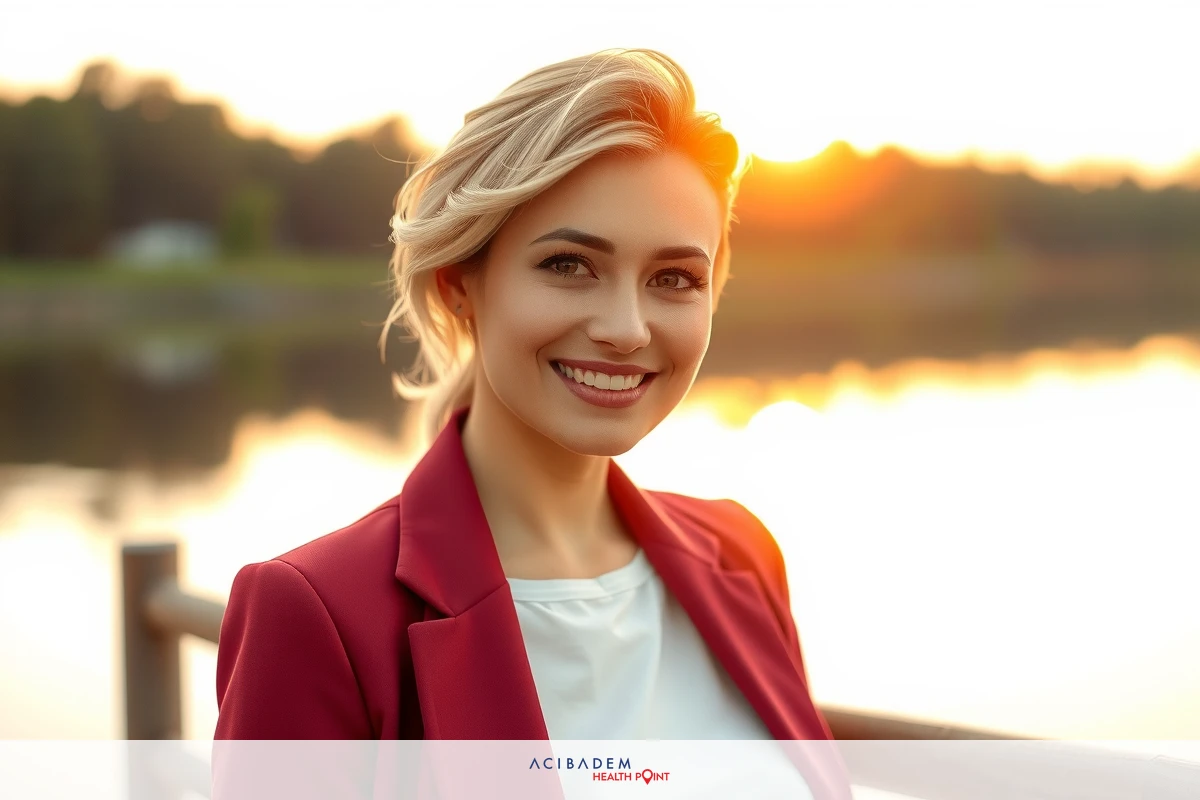 Smiling woman with blonde hair sitting by a body of water at sunset. She is wearing a red jacket and has a content smile.