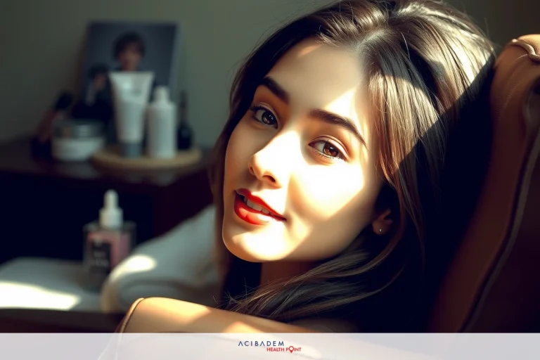 The image shows a woman seated in what appears to be a sunlit room, with warm tones dominating the scene. She is wearing makeup that includes a bold red lipstick and has her hair styled in loose waves.