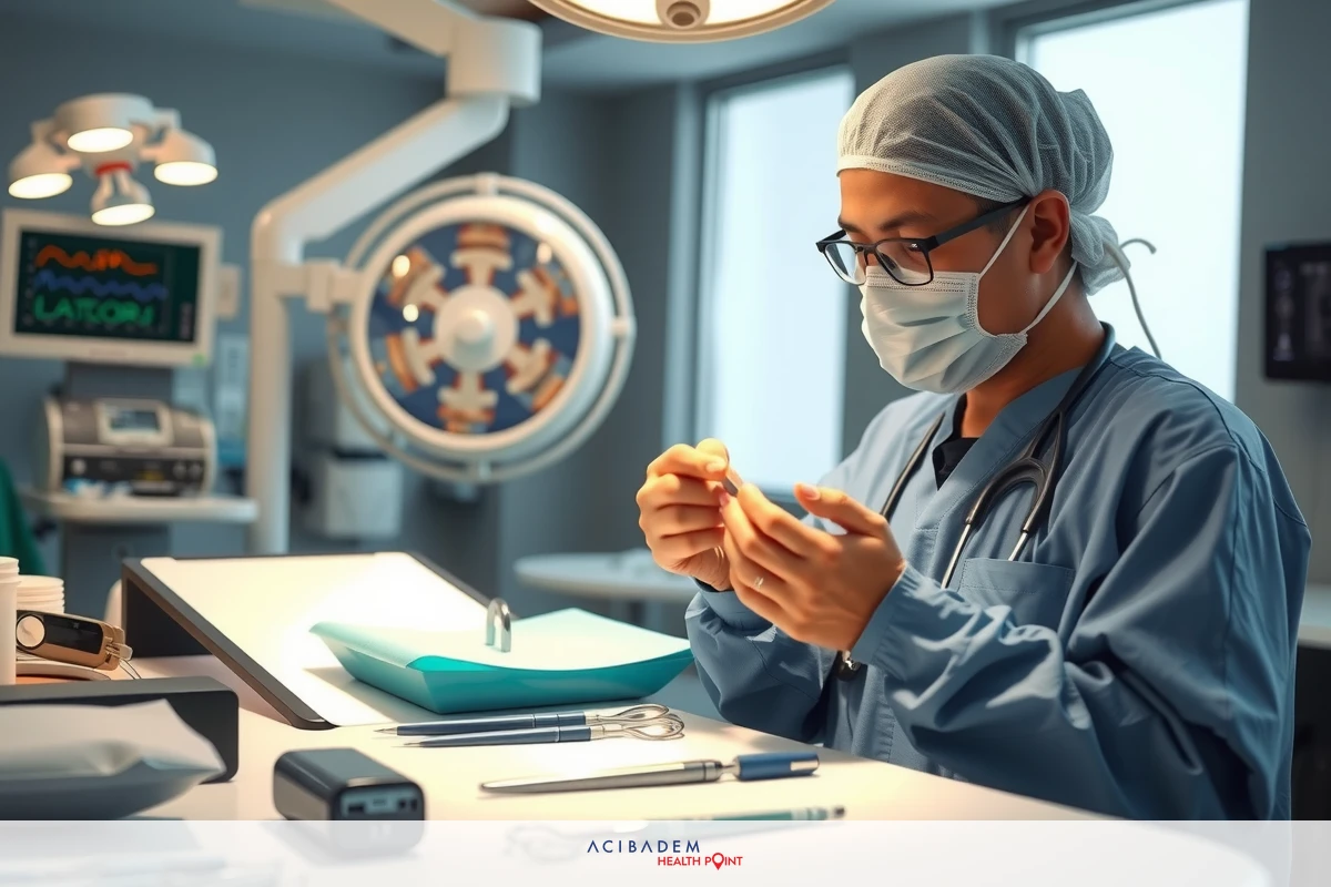 The image shows a person in a medical setting, wearing surgical attire and a face mask. The environment appears to be a well-equipped surgical suite with various medical instruments and monitors visible in the background. The lighting is bright, emphasizing cleanliness and sterility.