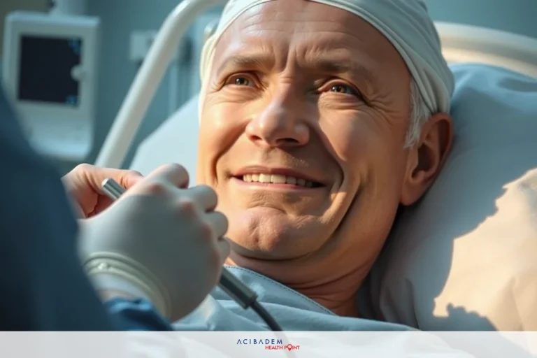 How Does A Hip Arthroscopy Work Man in hospital bed, smiling and looking at nurse. Hospital setting, professional attire. Shades of white, blue, and beige dominate the scene.
