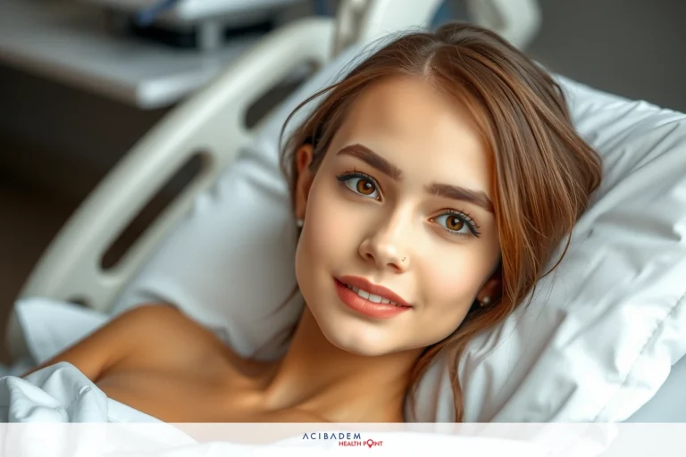 A woman laying in a hospital bed, smiling and looking at the camera. Her makeup is done and she appears relaxed.