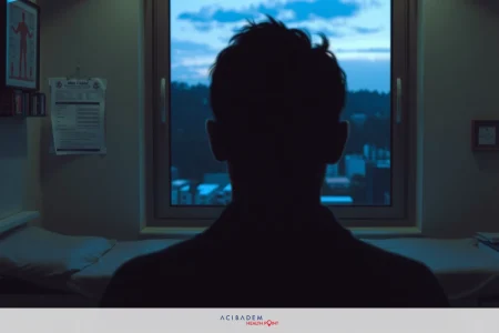 Can You Sue For Botched Plastic Surgery? A silhouette of a man sitting in what appears to be a waiting area or a reception room. The man is wearing dark clothing, and the background features blurred windows suggesting an evening time setting.