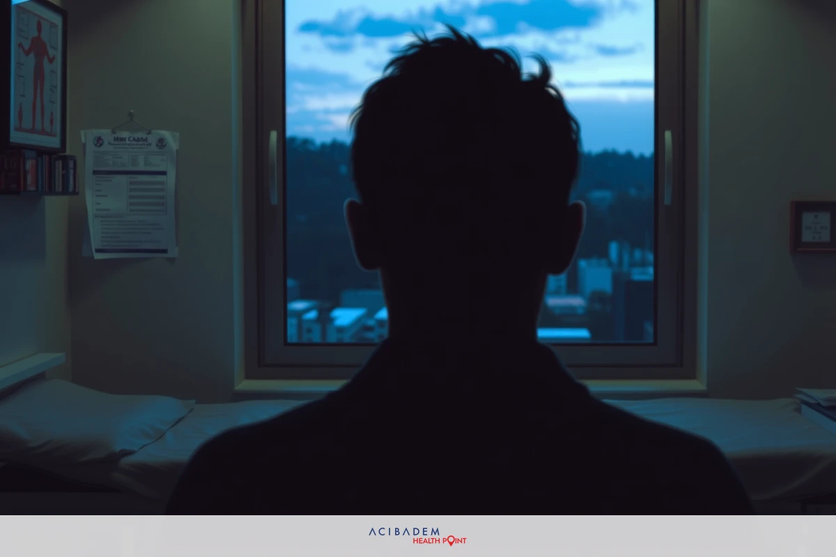 A silhouette of a man sitting in what appears to be a waiting area or a reception room. The man is wearing dark clothing, and the background features blurred windows suggesting an evening time setting.