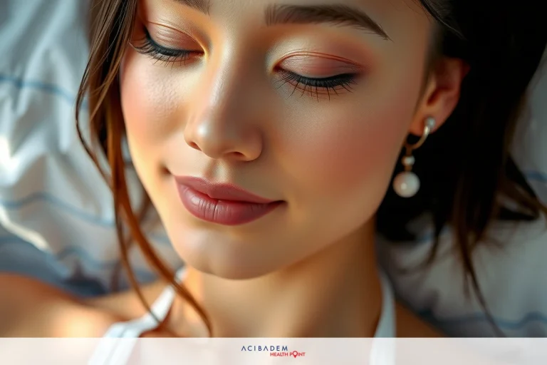 Can Plastic Surgery Ever Affect Genetics? The image features a young woman with her eyes closed, giving off a serene and relaxed vibe. She has light skin and wears soft pink lipstick that complements the delicate makeup on her face. Her hair is pulled back and she is wearing small stud earrings, adding to the elegant feel of the photo. The background is minimalistic with a subtle textured pattern, focusing attention on her peaceful expression.