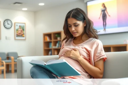 The image features a woman in a casual, pink-toned setting. She is sitting on a couch and reading a book that appears to be open.
