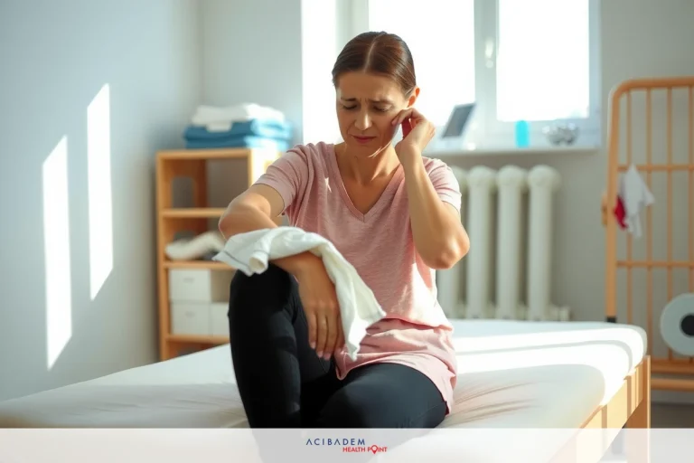 How Do I Know If I Need Knee Replacement Surgery The image shows a woman sitting on a bed, appearing to be injured or in need of medical attention. She has a blanket around her legs and is holding a cloth over the lower part of her body.