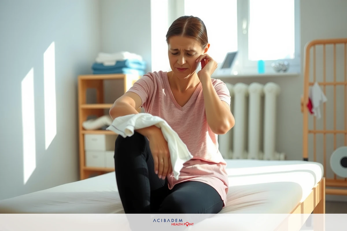 The image shows a woman sitting on a bed, appearing to be injured or in need of medical attention. She has a blanket around her legs and is holding a cloth over the lower part of her body.