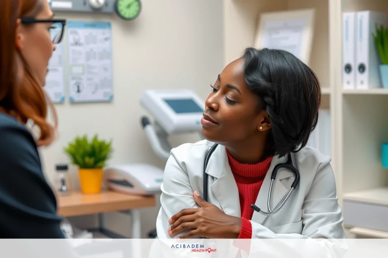 The image depicts a medical office environment. A doctor, wearing a white coat with the stethoscope around her neck, is seated and engaged in conversation with another person, who could be a patient or a colleague.