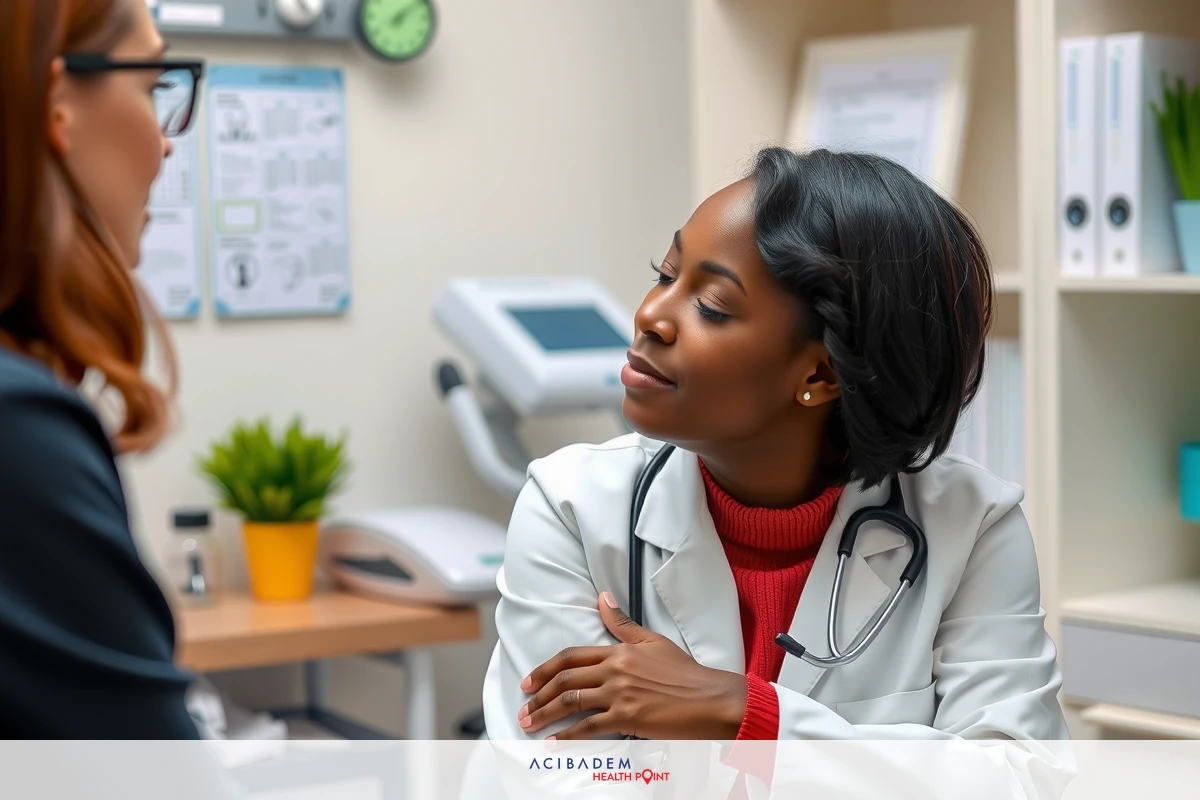 The image depicts a medical office environment. A doctor, wearing a white coat with the stethoscope around her neck, is seated and engaged in conversation with another person, who could be a patient or a colleague.