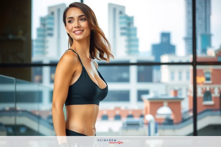 Can Plastic Surgery Make You Thin? A woman is standing in a modern indoor space with large windows, allowing natural light to flood the room. She has short hair and is wearing a dark sports bra and leggings.